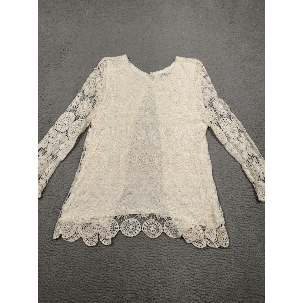 Solitaire Women's Cream Crochet Blouse Button Back Large‎ Cotton Boho